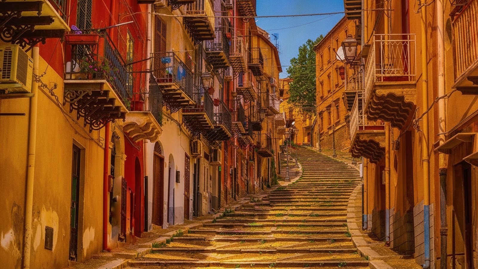 Vicolo in salita di un centro storico siciliano, con gradini e balconi